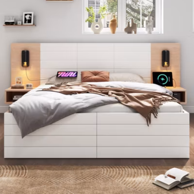 Lit 180×200 cm avec tête de lit éclairée et port USB, 2 tiroirs, finition blanc/chêne, structure bois/MDF