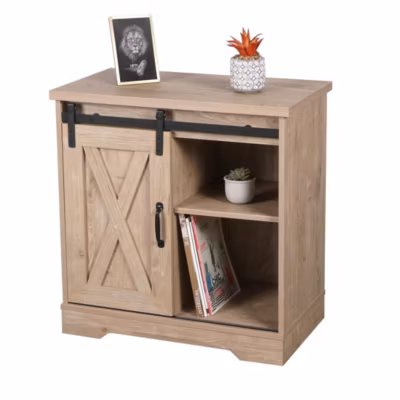 Commode style rustique collection WAYNE – 1 porte coulissante et 1 étagère, coloris chene clair, dimensions 70x40x72 cm