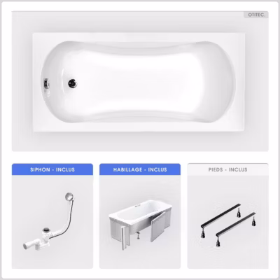 Baignoire rectangulaire – 140 x 70 cm – avec Habillage – Pieds – Vidage Chrome – ARIA