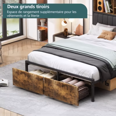 Lit double 140×200 cm en lin beige avec tête de lit LED, ports USB et Type-C, sommier à lattes et rangement intégré