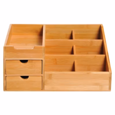 Boite de rangement de bureau – organiseur de bureau – 7 compartiments, 2 tiroirs – bambou verni