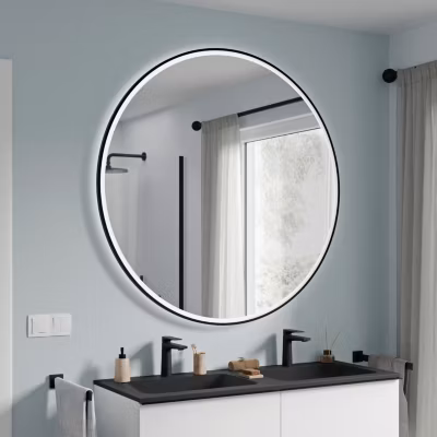 Miroir rond salle de bain éclairage LED 120cm cadre noir, antibuée, intensité lumière réglable, capteur de mouvement, VARO FRAME
