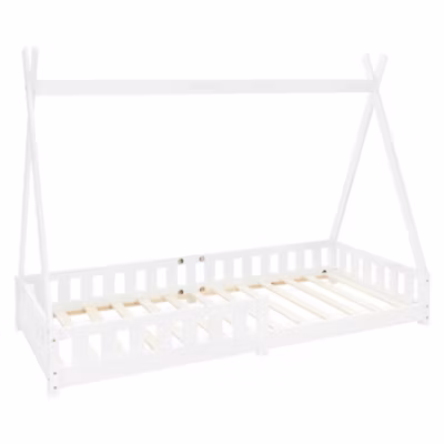Lit d&rsquo;enfants ML-Design Tipi 90×200 cm blanc indien en bois de pin avec sommier et clôture de jeu