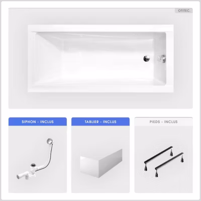 Baignoire rectangulaire – 180 x 80 cm – avec Tablier Blanc – Pieds – Vidage Chrome – MODERN