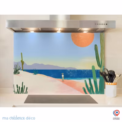 Crédence cuisine fond de hotte Cactus, mer et couleur 2, Peinture – Verre trempé – L 90 cm x H 50 cm – MaCrédenceDéco