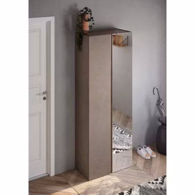 Armoire de rangement 2 portes 1 miroir avec 8 étagères réglables, collection KEY, coloris marron et chene