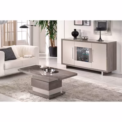 AUXANE – Ensemble Table Basse + Buffet 3 Portes Led Gris Metallisé et Mat