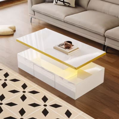 Table Basse avec Tiroirs et Éclairage LED, 2 Niveaux de Rangement – Panneau de Particules – Blanc 100×50 cm