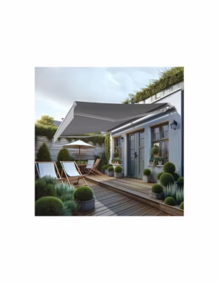 Store banne monobloc MEILE 4,20 x 3,00m (Motorisé à télécommande + manœuvre de secours – Gris clair – Blanc)