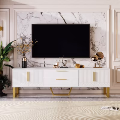 URBAN MEUBLE Meuble TV blanc brillant, porte avec texture gravée
