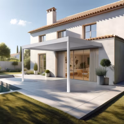 Pergola bioclimatique HELY perpendiculaire 4,09×4,50m Vérin à télécommande (Blanc)
