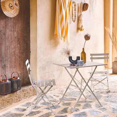 Table de jardin bistrot pliante métal + 2 assises beige 70 x 70cm. acier thermolaqué