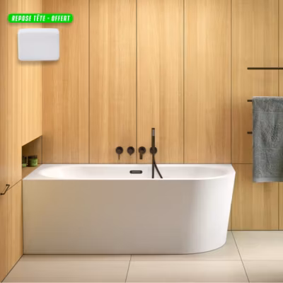 Baignoire d&rsquo;angle Blanc + Siphon Chrome et Vidage inclus + Repose tête  –  AVITA S CLASSE – DROITE – 150 x 75 cm