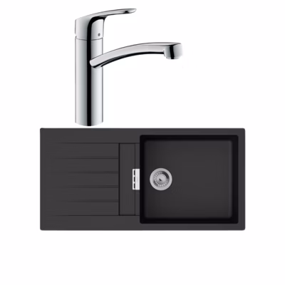Evier 1 bac 980 HANSGROHE S52 synthèse noir + robinet de cuisine HANSGROHE Focus M41 160 chromé