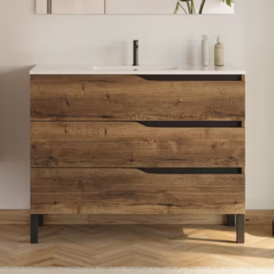 Meuble sous vasque seul, 3 tiroirs, 100cm, simple vasque – tabaco (chêne foncé) – MATA