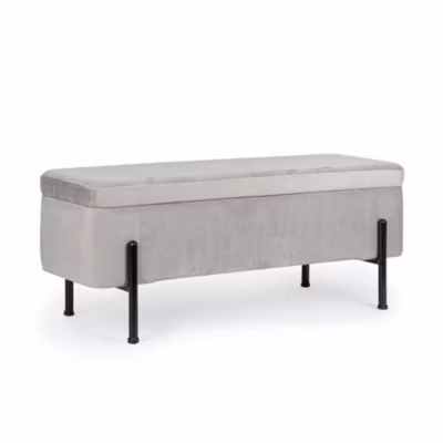 Banc coffre 2 places en velours et piétement noir gris clair  – NINA