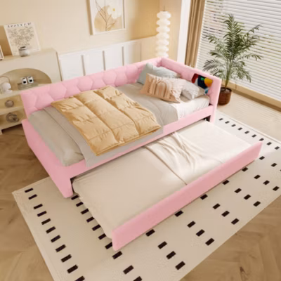 Lit Gigogne 90×200 cm – Lit Tiroir et Lampe Intégrée avec Ports USB et Type-C – Sans Matelas – Rose Imitation Laine
