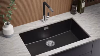 PRIMAGRAN Evier Sous Plan Noir 76x47cm, Evier en Granit 1 bac + Kit de Vidage, Évier au meuble 80cm – London