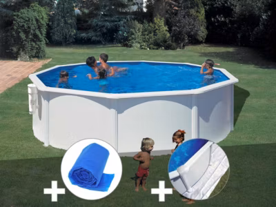 Kit piscine acier blanc Gré Bora Bora ronde 4,80 x 1,22 m + Bâche à bulles + Tapis de sol