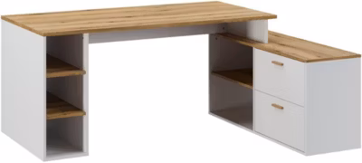 Bureau d&rsquo;angle en mélamine coloris imitation chêne artisan / blanc – Longueur 183 x profondeur 141 x Hauteur 75 cm
