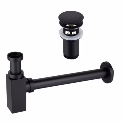 BALNEO – ensemble bonde de lavabo Klik Klak C avec trop-plein noire + siphon carré noir en laiton – kit pour lavabo
