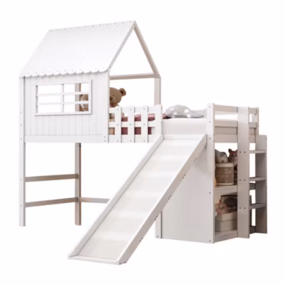 Lit enfant cabane 90 x 200 cm avec echelle toboggan rangements multiples lit mezzanine bois massif blanc