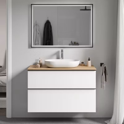 Meuble sous vasque suspendu MDF Blanc mat, plan vasque Chêne miel, poignée Chrome – 100x46x62cm – LAVOA