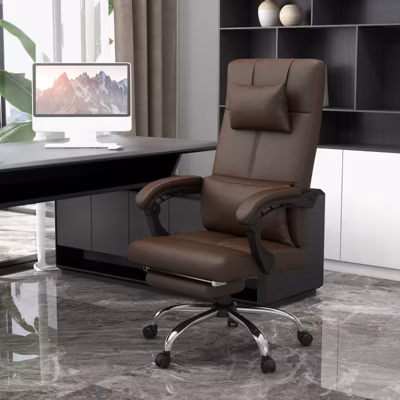 Fauteuil de Bureau Ergonomique – Fauteuil de Direction Massant et Chauffant avec Repose-Pieds et Appui-Tête, PU Marron