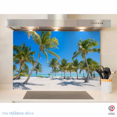 Crédence cuisine fond de hotte Plage et palmiers – Verre trempé – L 90 cm x H 70 cm – MaCrédenceDéco