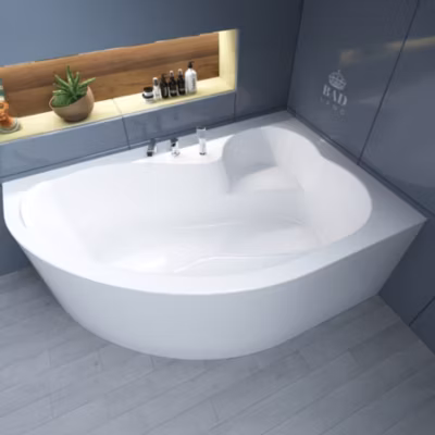 Baignoire asymétrique 160 x 105 Droite MEGA acrylique blanc + avec Tablier + Pieds + Vidage à chromé