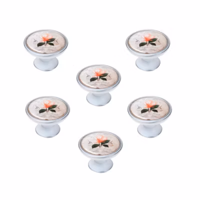 6 Un. bouton poignées de meuble Vintage Retro métal argent patine blanc fleur orange – diamètre  37MM