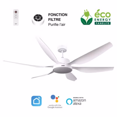 Fanelite – Ventilateur de plafond 168 cm blanc RANGIROA – Moteur DC 55W – LED 22W 3 couleurs – Silence + PURIFICATEUR D&rsquo;AIR INCLUS