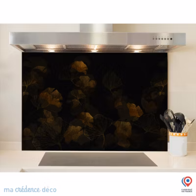 Crédence cuisine fond de hotte Gingkos dorés 2 – Alu composite – L 90 cm x H 70 cm – MaCrédenceDéco