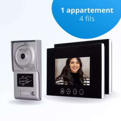 Portier interphone vidéo classic 4 fils – 1 appartement – 2 écrans noirs 7&Prime; – avec mémoire photos – avec lecteur de badge