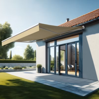 Store banne monobloc ESPAI 4,00×3,50m (Motorisé à interrupteur + manœuvre de secours – Ecru – Blanc)