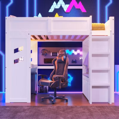 Lit mezzanine gaming avec bureau,90x200cm,blanc,éclairage LED,ports USB/Type-C,échelle,bureau,tiroir,étendoir à linge,sans matelas