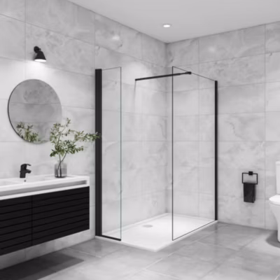 Paroi de douche à l&rsquo;italienne 100x200cm avec volet et pivotante 45x200cm -verre 8mm anticalcaire – profil noir – barre incluse