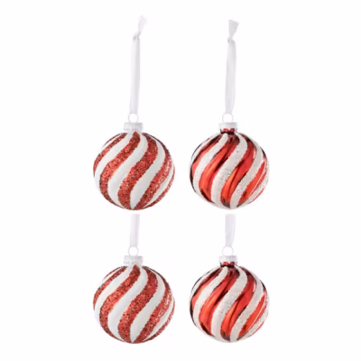 Lot de 4 Boules de Noël « Lignes » 8cm Rouge & Blanc