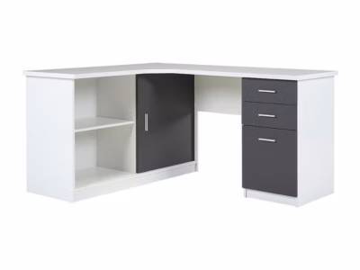 Bureau d&rsquo;angle NORWY – 2 portes & 2 tiroirs – Blanc & Gris