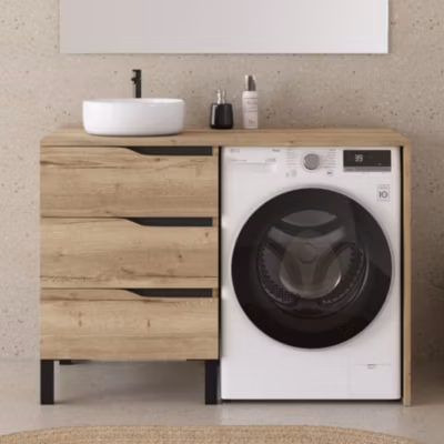 Meuble lave linge 124cm avec plateau et vasque ronde – sans miroir – 3 tiroirs – madera miel (chêne clair) – SANTA