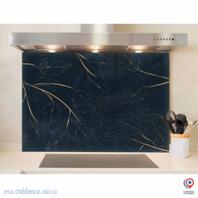 Crédence cuisine fond de hotte feuilles dorées – Verre trempé – L 90 cm x H 50 cm – MaCrédenceDéco