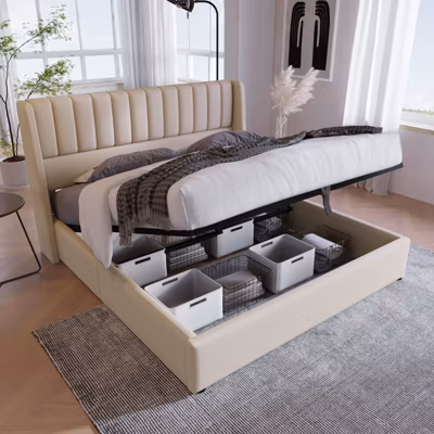 Lit coffre 160x200cm en tissu lin – avec tête de lit et sommier à lattes – Beige