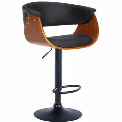 Tabouret De Bar Vestal, Coque En Bois Dossier Ajouré, Pied En Métal, Hauteur Réglable Pivotant Noyer/Noir/Similicuir