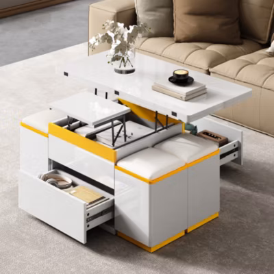 Table Basse, Table d&rsquo;Appoint avec Plateau Relevable et Pliant, MDF et Panneau de Particules – Blanc et Jaune