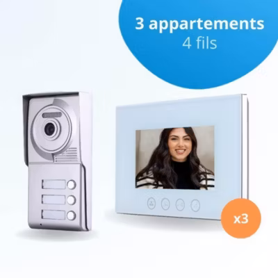 Portier interphone vidéo classic 4 fils – 3 appartements – 3 écrans blancs 7&Prime; – avec mémoire photos