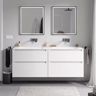 Meuble double vasque suspendu MDF Blanc mat, lavabos fonte Blanc mat sans trou robinet, tiroirs pivotants – 160x46x62cm – VIREO