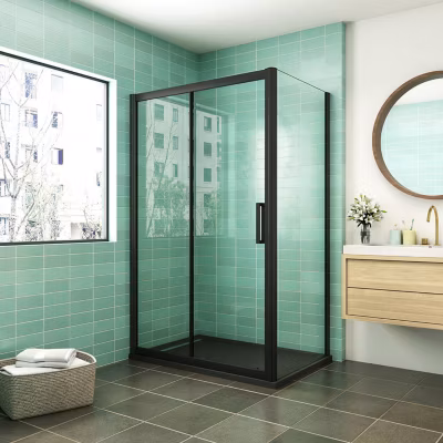Cabine de douche coulissante avec l&rsquo;amortisseur – Porte de douche en 8mm verre anticalcaire – profilé noir mat – 100x80x195 cm