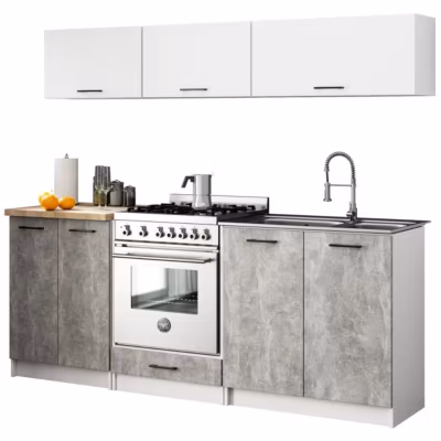 Ensemble de cuisine : blanc / béton, D : l : 200 cm, h : 174 cm, p : 46 cm.