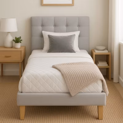 frederic – Solide et Confortable Lit avec Sommier + Tête de Lit Capitonnee Couleur GRIS + Pieds en 10 cm pour matelas en 90×190 –