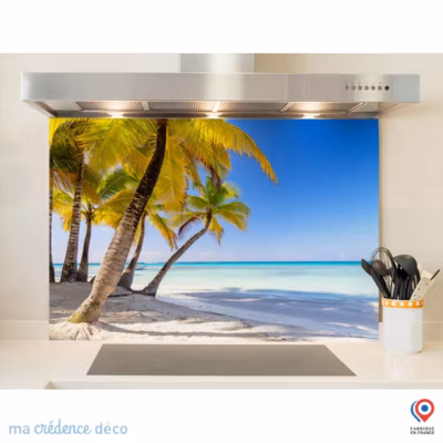 Crédence cuisine fond de hotte Palmiers et ciel bleu – Verre trempé – L 90 cm x H 60 cm – MaCrédenceDéco